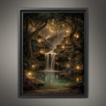 Enchanted Woodland Waterfall Print, Fireflies and Golden Lights Magical Forest Tree Painting