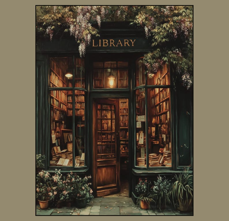 Warmly lit vintage library storefront filled with old books, wooden shelves, and a glowing lantern above the door, framed by ivy and hanging wisteria, painted in a moody, nostalgic oil painterly dark and moody style.