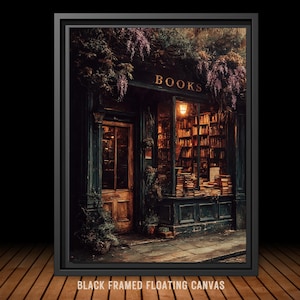 Moody vintage bookstore exterior with warm golden light shining through windows filled with old books, ivy and wisteria framing the dark wooden door. A vintage oil painting style print in a black frame