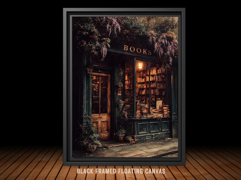 Moody vintage bookstore exterior with warm golden light shining through windows filled with old books, ivy and wisteria framing the dark wooden door. A vintage oil painting style print in a black frame