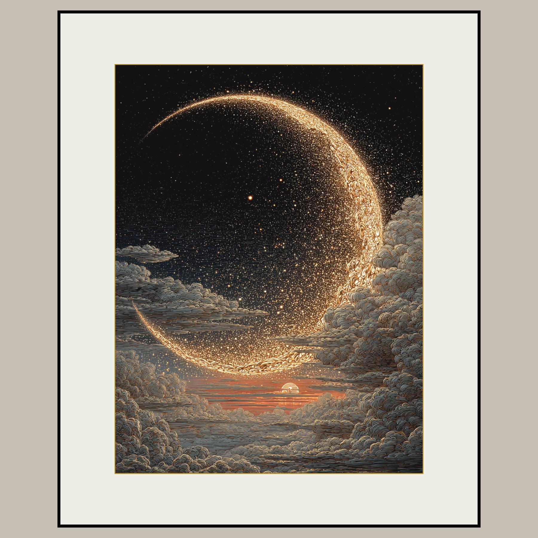 Golden Crescent Moon Wall Art Cloudy Sky Print Dark Moody Luxury Night ...