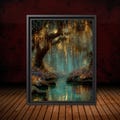 Teal Fireflies Willow Print, Golden River Reflections Glowing Enchanted Forest Magical Painting