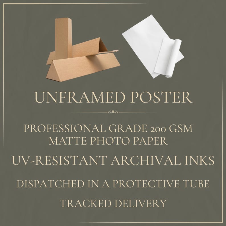 Puede incluir: Un p&oacute;ster sin marco hecho de papel fotogr&aacute;fico mate de grado profesional de 200 GSM con tintas de archivo resistentes a los rayos UV. El producto se muestra con un tubo de env&iacute;o triangular de cart&oacute;n marr&oacute;n y hojas de papel blanco.
