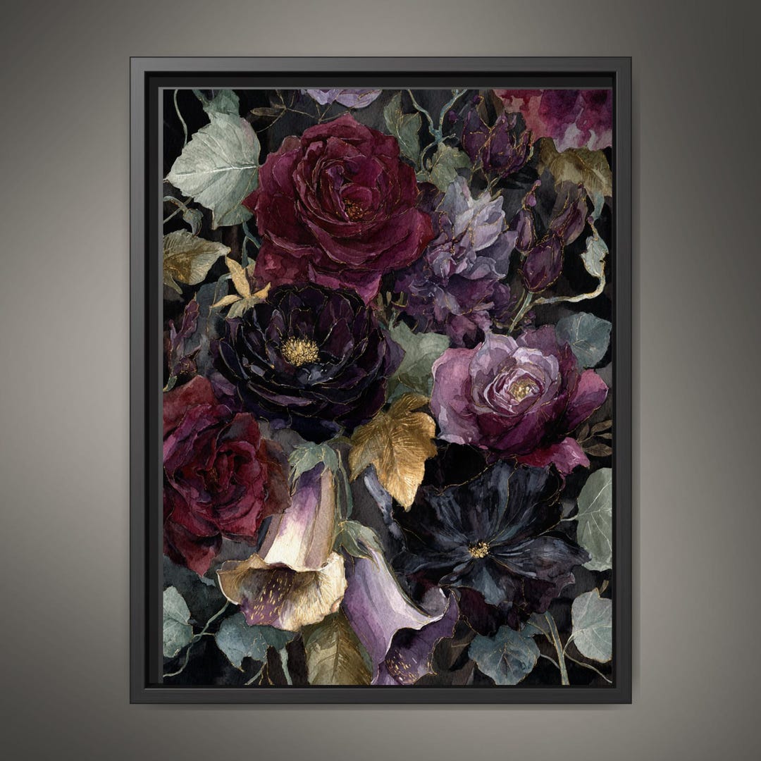 Dark Floral Wall Art Print, Moody Roses and Lilies Painting, Gothic ...
