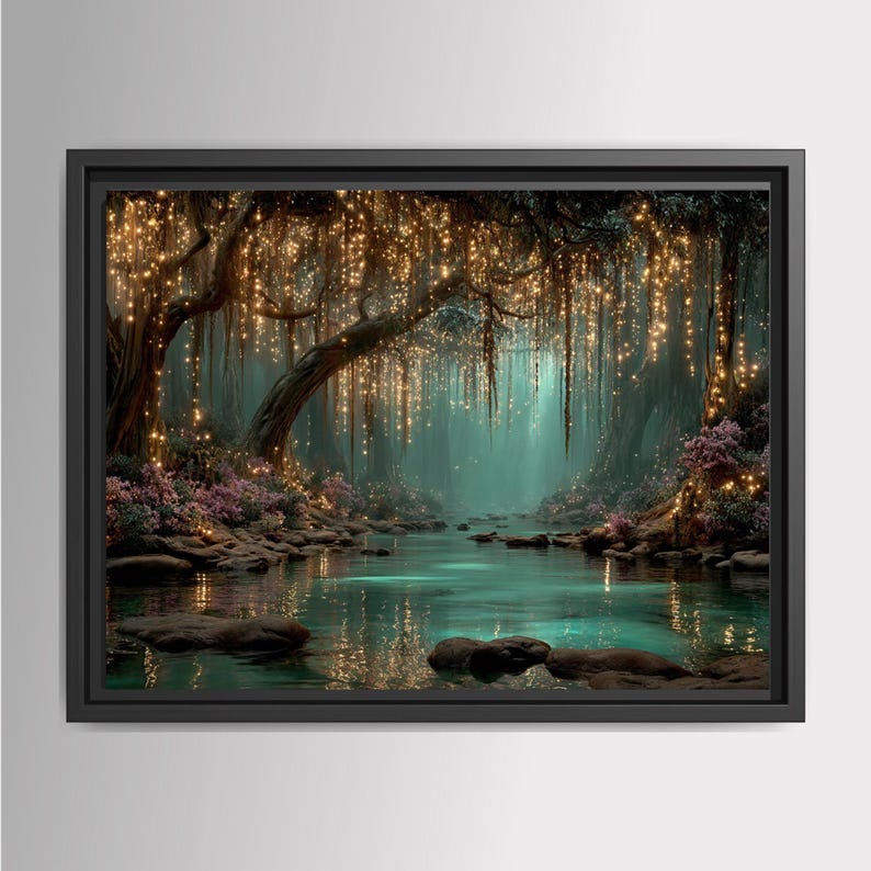 A rectangular wall art print depicting a dark, enchanted forest scene with a calm, teal-coloured river flowing through the centre. Golden fairy lights hang from the tree branches, illuminating the purple flowers and dark rocks.