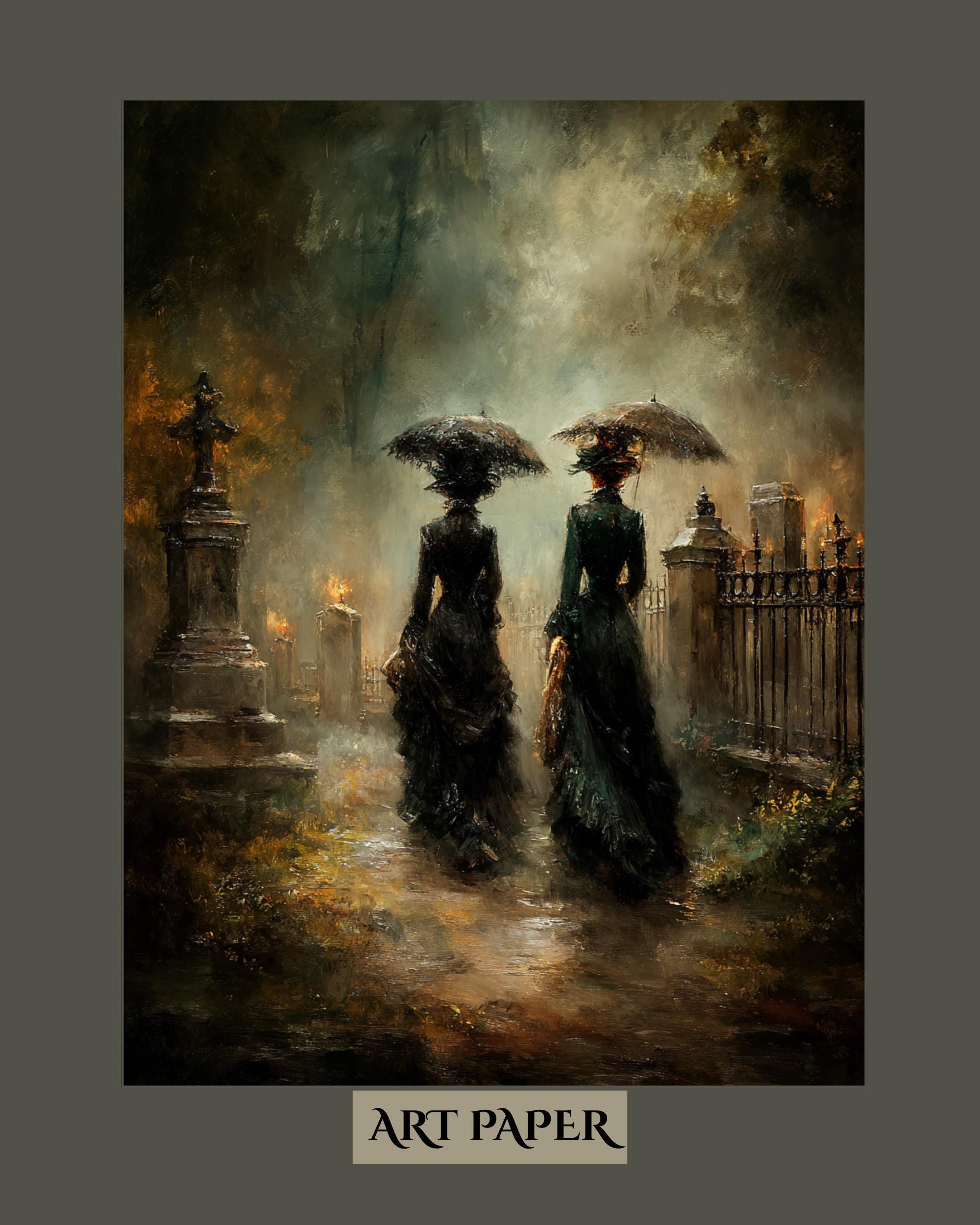 Victorian Mourning Ladies Wallart Print, Funeral Cemetary Scene, Moody ...