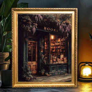 Moody vintage bookstore exterior with warm golden light shining through windows filled with old books, ivy and wisteria framing the dark wooden door - framed in gold and sitting on a wooden floor next to a lamp and pot plant.