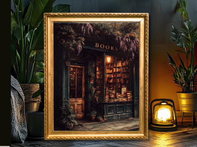 Moody vintage bookstore exterior with warm golden light shining through windows filled with old books, ivy and wisteria framing the dark wooden door - framed in gold and sitting on a wooden floor next to a lamp and pot plant.