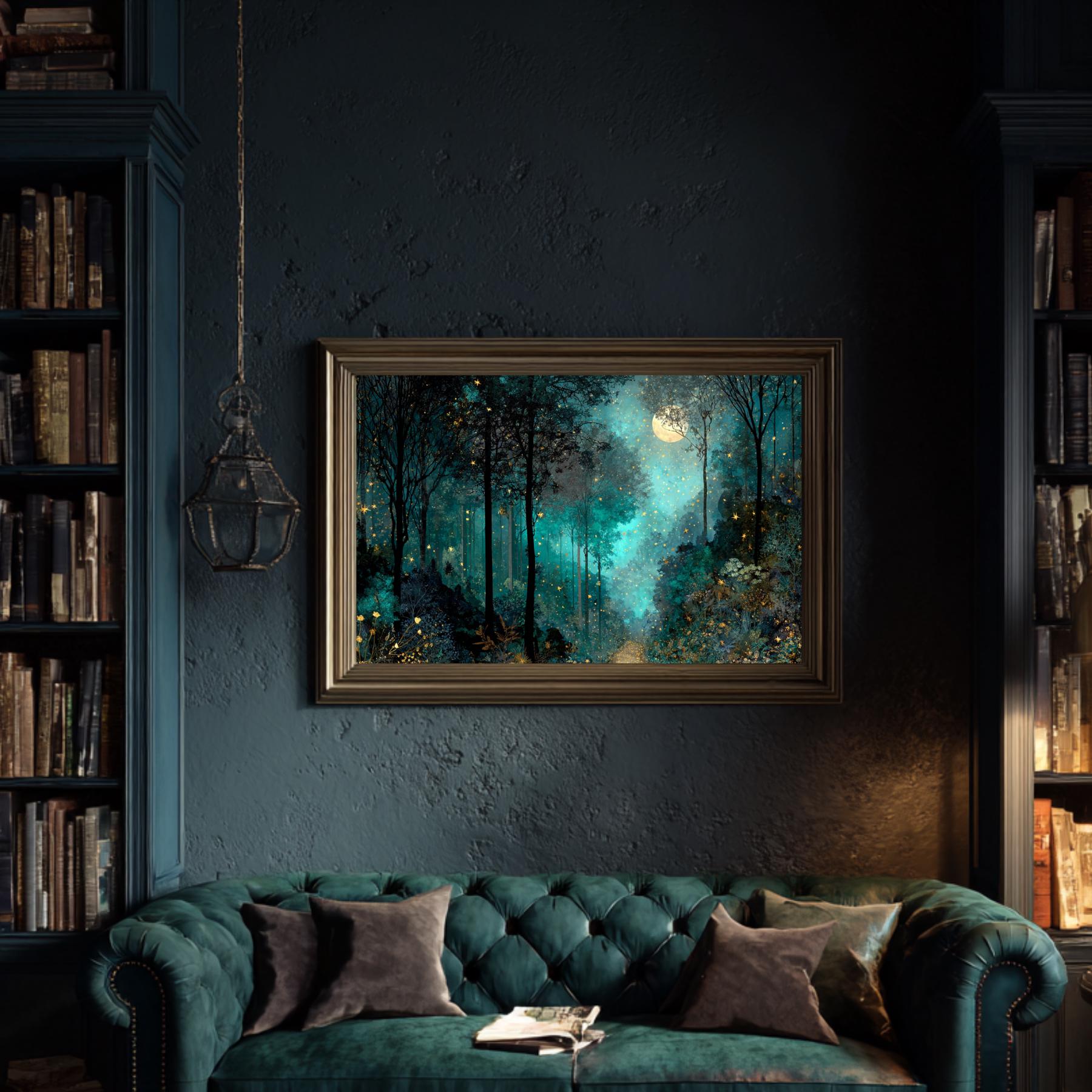 Moonlit Path Enchanted Forest Wall Art Print, Teal Woodland, Dark ...