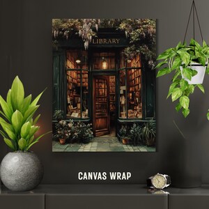 Warmly lit vintage library storefront filled with old books, wooden shelves, and a glowing lantern above the door, framed by ivy and hanging wisteria, painted in a moody, nostalgic oil painterly dark and moody style.