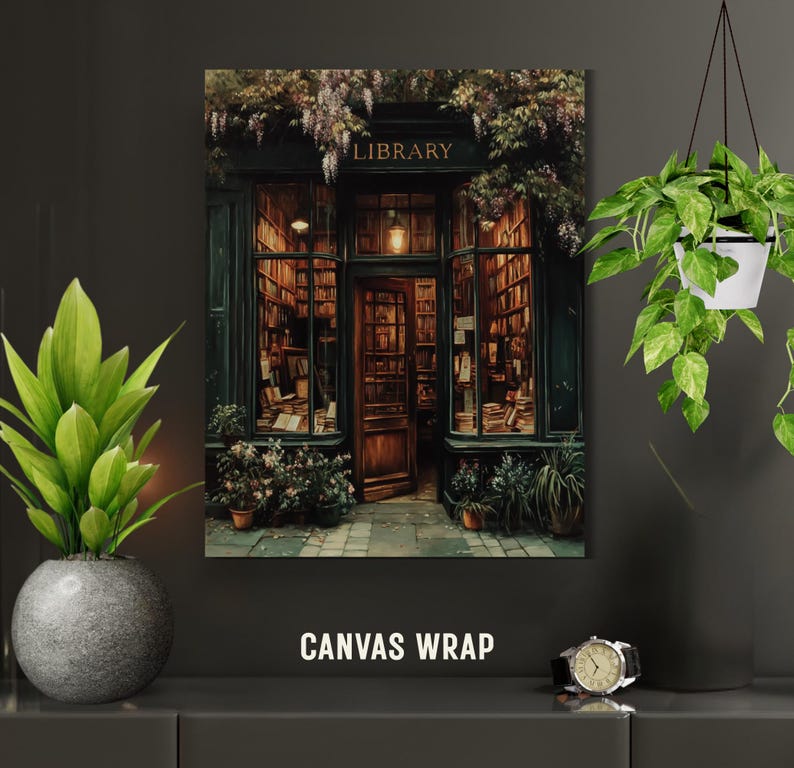 Warmly lit vintage library storefront filled with old books, wooden shelves, and a glowing lantern above the door, framed by ivy and hanging wisteria, painted in a moody, nostalgic oil painterly dark and moody style.