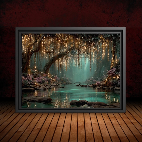 Firefly Forest Horizontal Art Print Golden Leaves Trailing Teal Lagoon, Magical Woodland Painting