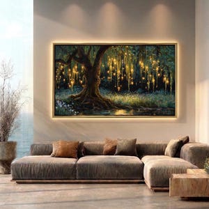 Glowing willow tree beside a reflective river at night with golden lights and wildflowers.