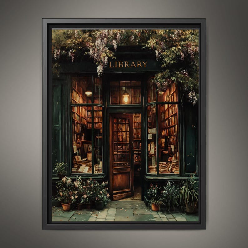 a print of a vintage library storefront with wisteria growing across the sign and books in the window.