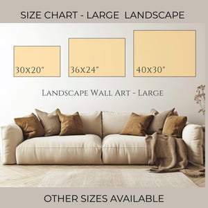 K&ouml;nnte beinhalten: Eine Gr&ouml;&szlig;entabelle f&uuml;r Landschaftswandkunst mit drei rechteckigen Optionen in den Ma&szlig;en 30x20, 36x24 und 40x30 Zoll. Der Text lautet SIZE CHART - LARGE LANDSCAPE, LANDSCAPE WALL ART - LARGE und OTHER SIZES AVAILABLE.
