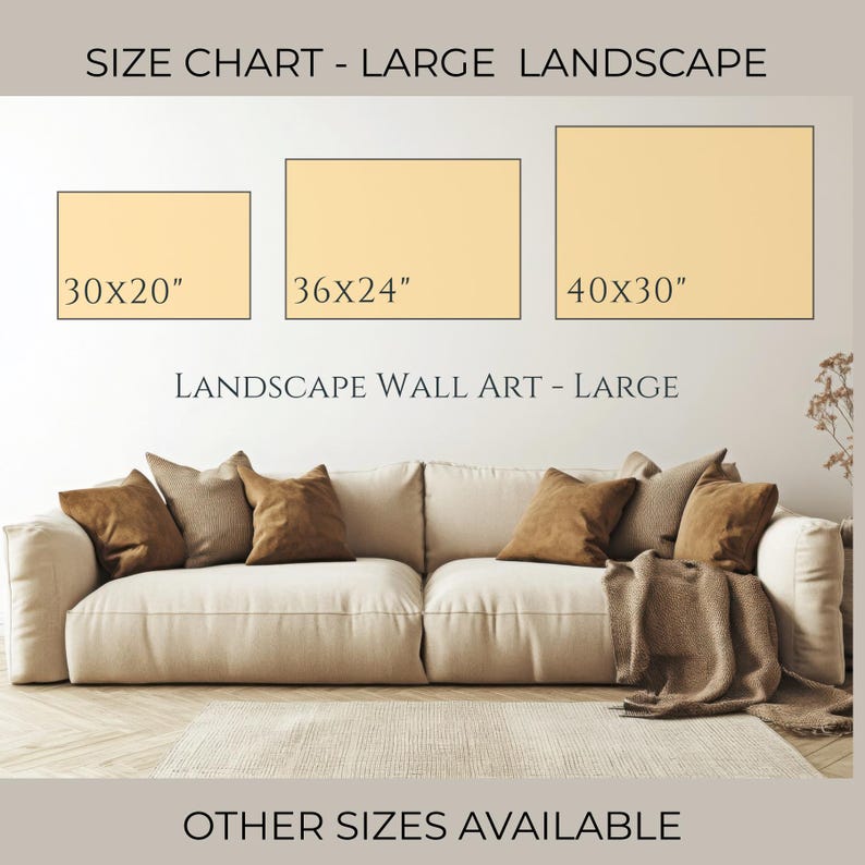 K&ouml;nnte beinhalten: Eine Gr&ouml;&szlig;entabelle f&uuml;r Landschaftswandkunst mit drei rechteckigen Optionen in den Ma&szlig;en 30x20, 36x24 und 40x30 Zoll. Der Text lautet SIZE CHART - LARGE LANDSCAPE, LANDSCAPE WALL ART - LARGE und OTHER SIZES AVAILABLE.