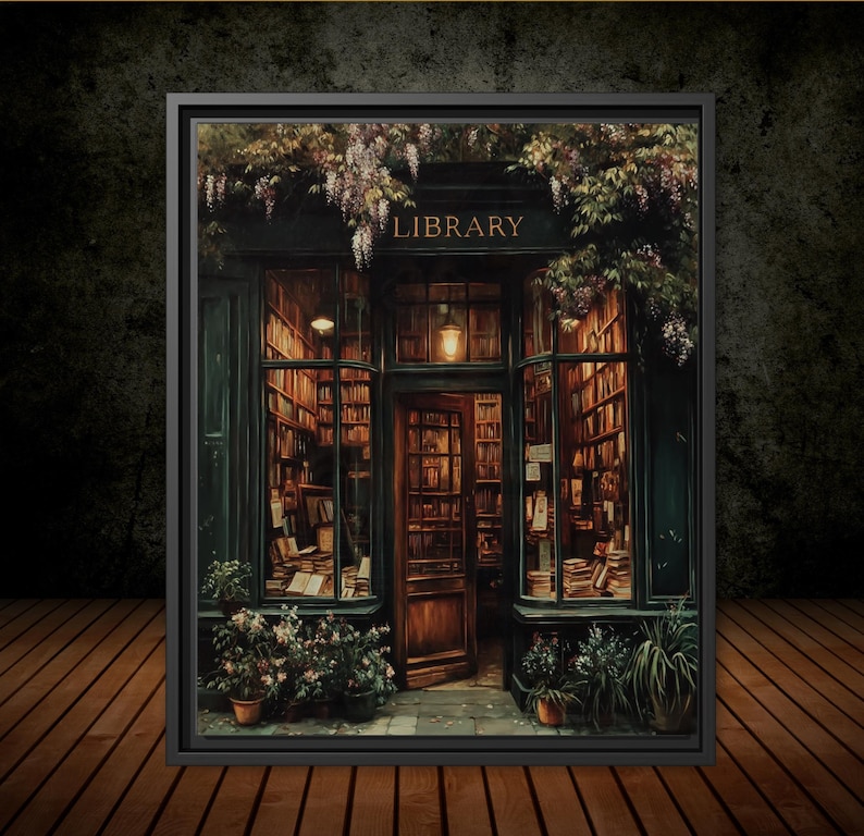 Warmly lit vintage library storefront filled with old books, wooden shelves, and a glowing lantern above the door, framed by ivy and hanging wisteria, painted in a moody, nostalgic oil painterly dark and moody style.