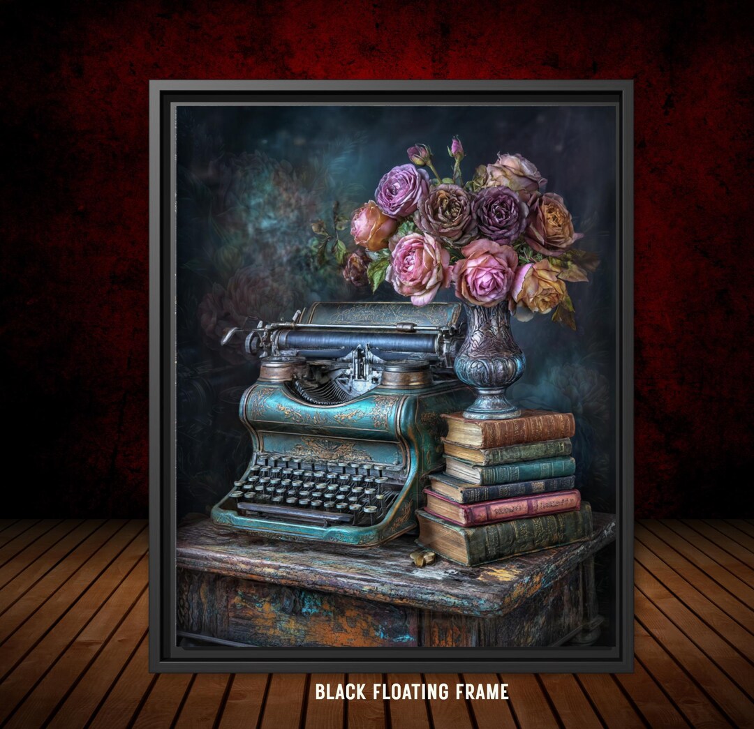 Vintage Typewriter With Roses Floral Art Print, Gothic Botanical Canvas ...
