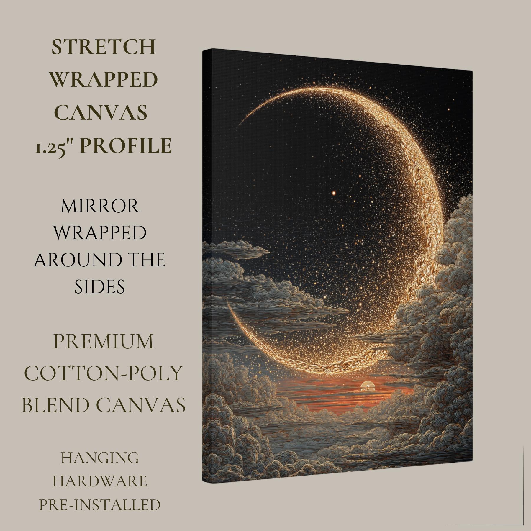 Golden Crescent Moon Wall Art Cloudy Sky Print Dark Moody Luxury Night ...