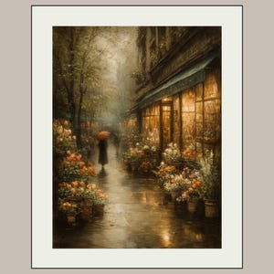 May include: An oil painting depicting a rainy city street scene at dusk. A figure holding a bright red umbrella walks along a wet sidewalk lined with flower stalls and glowing storefront windows. The color palette features warm golden tones.