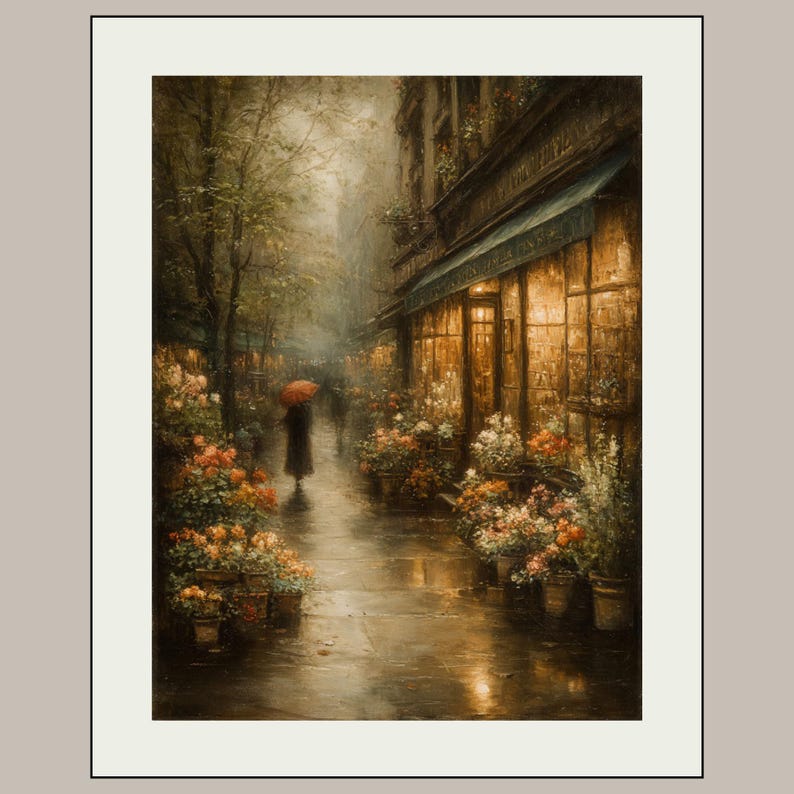 May include: An oil painting depicting a rainy city street scene at dusk. A figure holding a bright red umbrella walks along a wet sidewalk lined with flower stalls and glowing storefront windows. The color palette features warm golden tones.