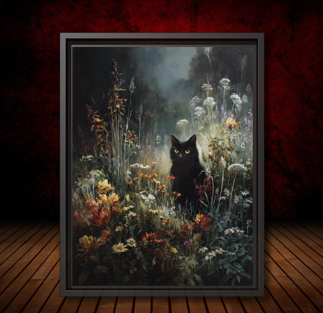 Vintage Black Cat Wall Art Print, Oil Painted Style Wildflowers Moonlit ...