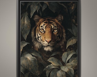 Tiger Wall Art Print, Moody Jungle Wildlife Portrait, Masculine Dark Academia Decor Artwork