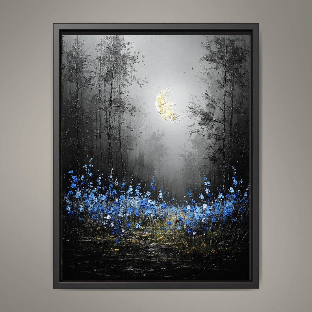 Moonlit Forest Wall Art Print, Bluebells Wildflower Landscape ...