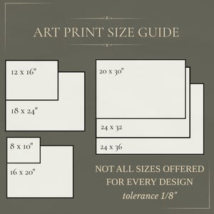 Puede incluir: Una gu&iacute;a de tama&ntilde;os para impresiones art&iacute;sticas sobre fondo oscuro con texto blanco. Enumera dimensiones en pulgadas: 12x16, 18x24, 8x10, 16x20, 20x30, 24x32 y 24x36. El texto indica NOT ALL SIZES OFFERED FOR EVERY DESIGN y tolerance 1/8 inch.