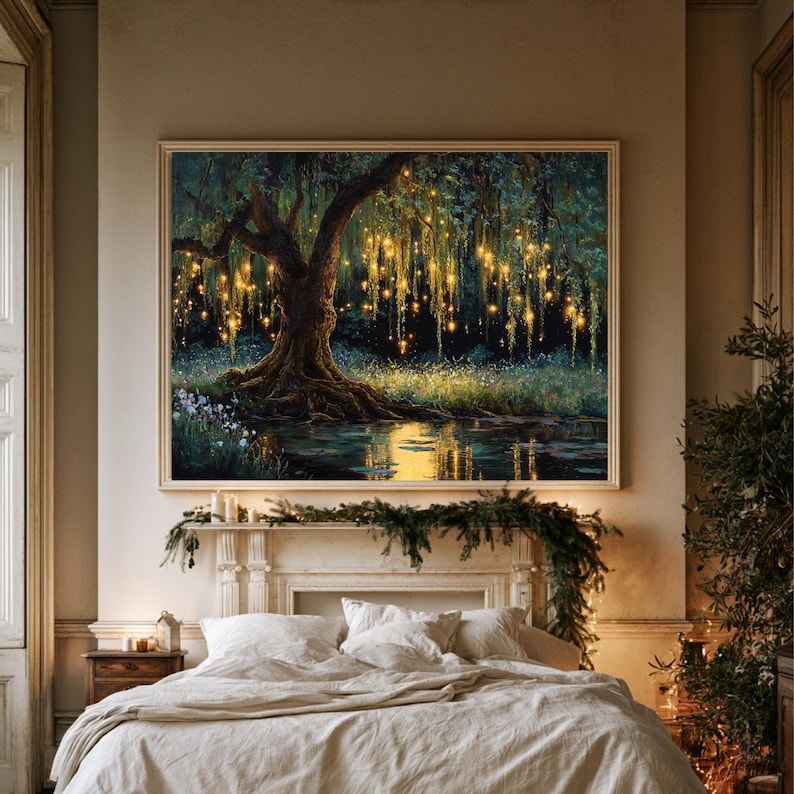 Glowing willow tree beside a reflective river at night with golden lights and wildflowers.