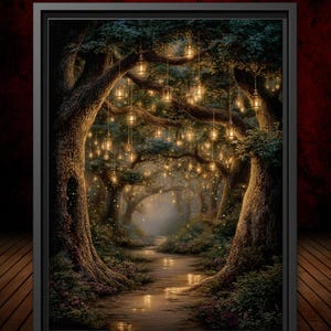 May include: A framed canvas print depicts a magical forest scene. The artwork features a path leading into the distance, illuminated by hanging lanterns. The trees are large and detailed, with lush foliage and a warm, inviting glow.