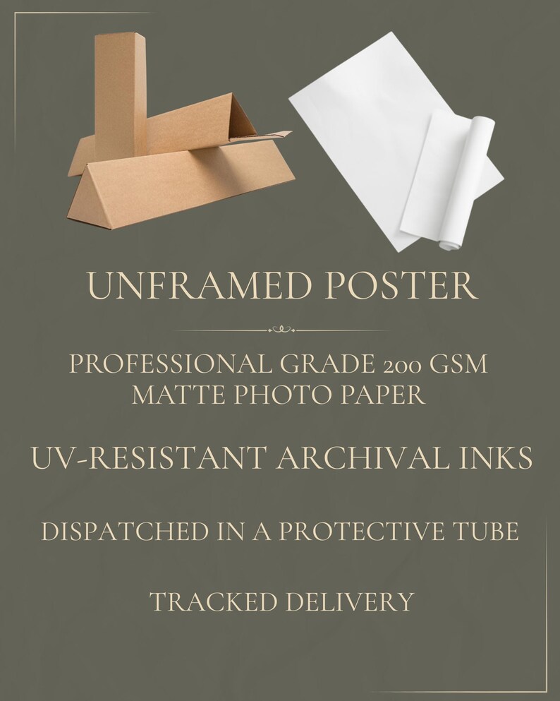 May include: An unframed poster printed on professional grade 200 GSM matte photo paper with UV-resistant archival inks. The product is shown with a brown cardboard protective tube and white paper sheets, indicating it is shipped in a tube.