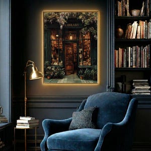 Warmly lit vintage library storefront filled with old books, wooden shelves, and a glowing lantern above the door, framed by ivy and hanging wisteria, painted in a moody, nostalgic oil painterly dark and moody style.
