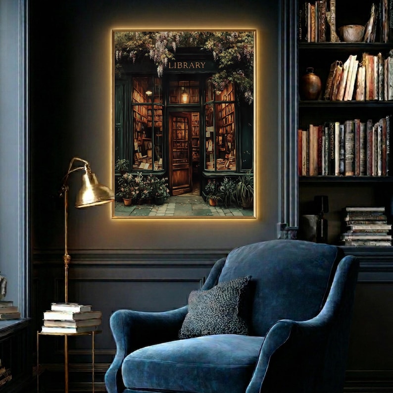 Warmly lit vintage library storefront filled with old books, wooden shelves, and a glowing lantern above the door, framed by ivy and hanging wisteria, painted in a moody, nostalgic oil painterly dark and moody style.