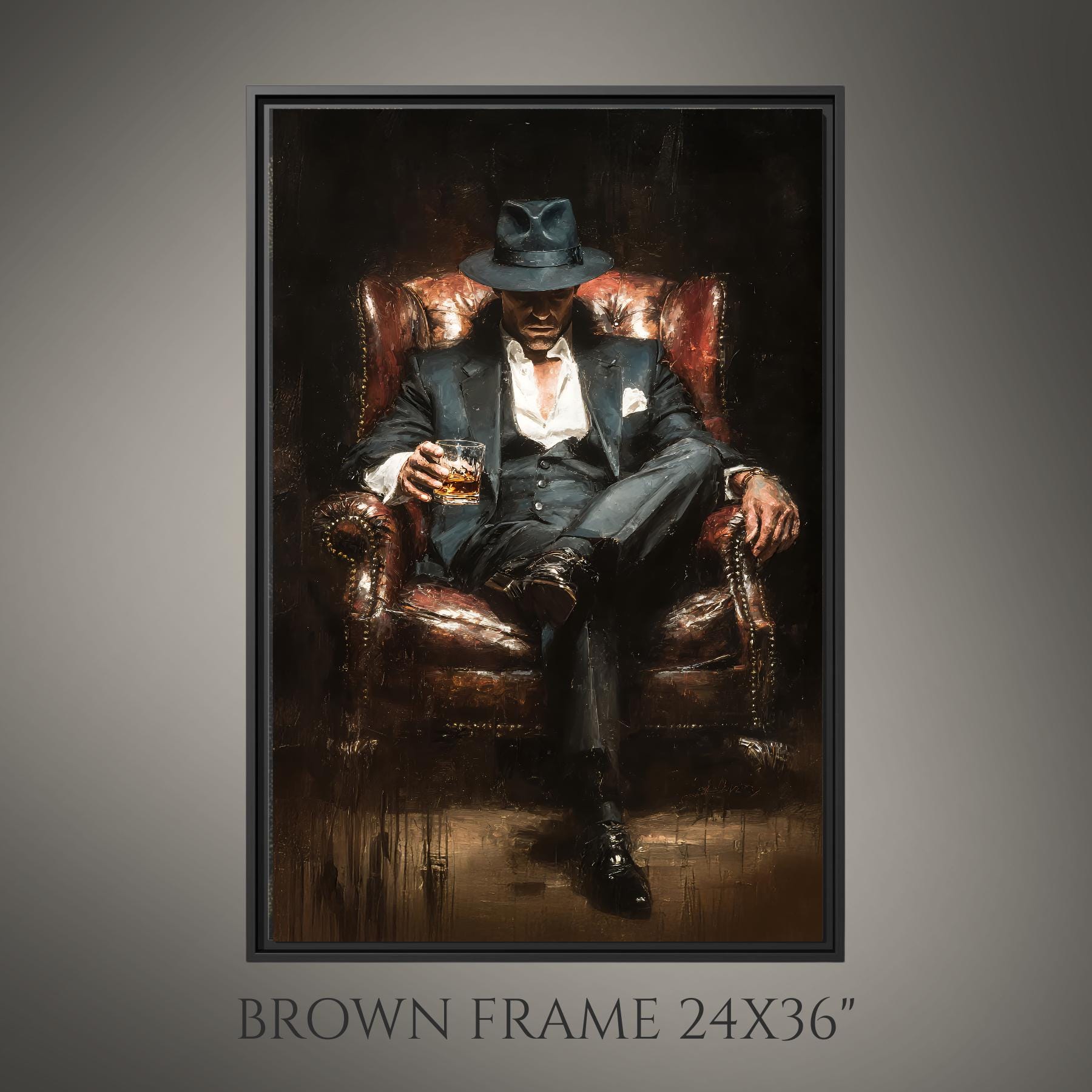 PRINT MAFIA シルクスクリーンプリント 額横42.5cm縦60cm Mafia Boss Wall Art Print, Man in Suit and Fedora With Whiskey