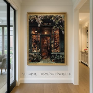 Warmly lit vintage library storefront filled with old books, wooden shelves, and a glowing lantern above the door, framed by ivy and hanging wisteria, painted in a moody, nostalgic oil painterly dark and moody style.