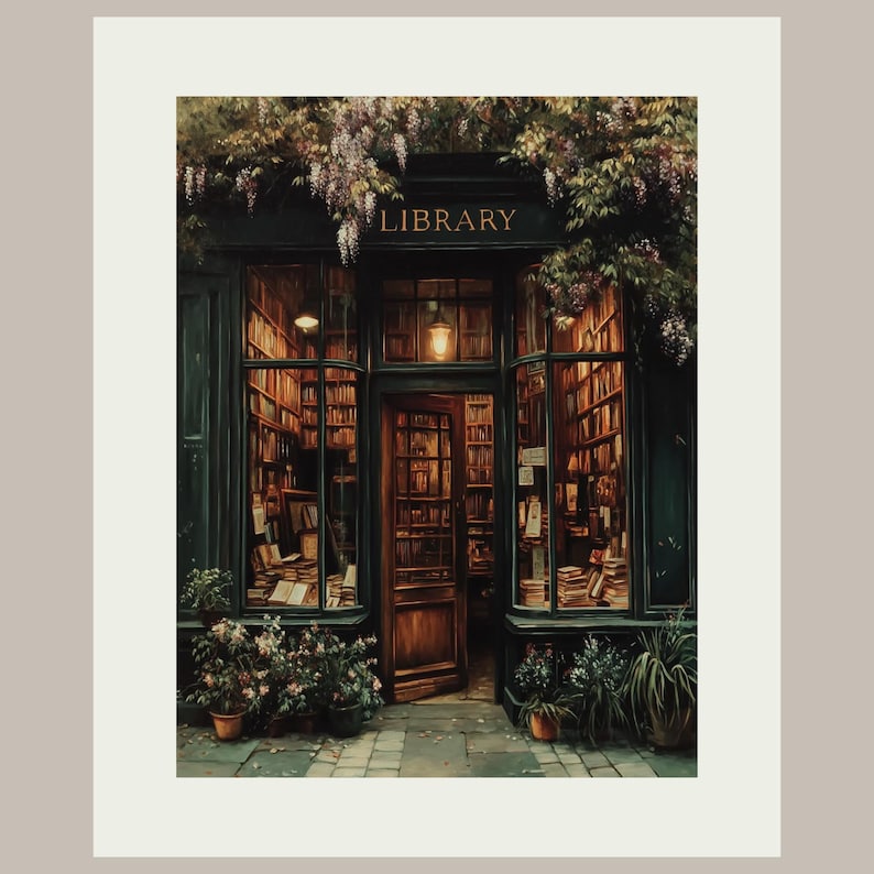 Vintage Library Print, Old Storefront Painting, Wisteria Shopfront, Dark Academia Reading Nook Decor bild 5