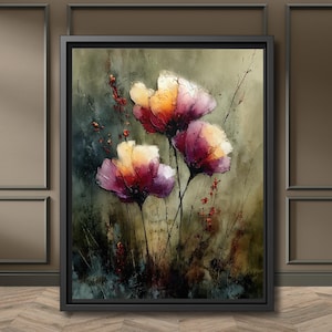 May include: A framed floral art print featuring three large flowers with yellow and purple petals. The artwork has a textured, watercolor-like appearance with a dark green and brown background. Red accents add detail to the botanical theme.