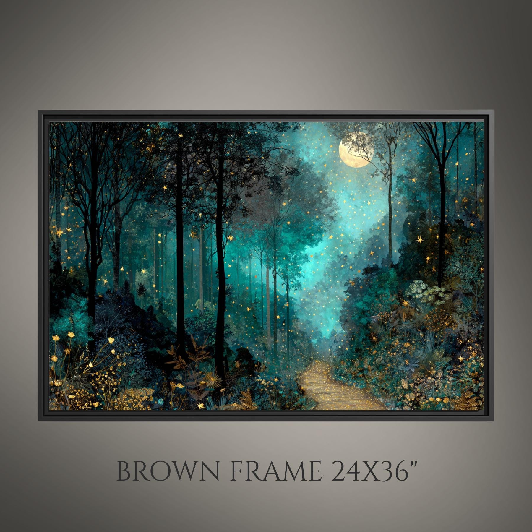 Moonlit Path Enchanted Forest Wall Art Print, Teal Woodland, Dark ...