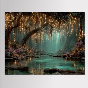 Puede incluir: Una impresi&oacute;n de arte digital que representa un tranquilo arroyo forestal al atardecer. La escena presenta &aacute;rboles oscuros y nudosos cubiertos de luces doradas brillantes, arbustos con flores moradas y una superficie de agua tranquila color cerceta.