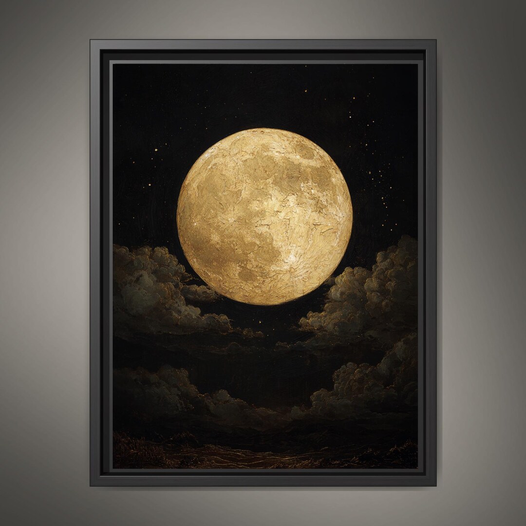 Golden Full Moon Wall Art Print, Celestial Night Sky Cloudscape ...