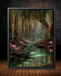 Golden Willow Forest Print, Fairy Light River Wall Art, Enchanted Tree Mystical Green Landscape