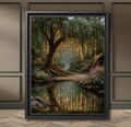 Enchanted Fairy Forest Art Print, Mystical Woodland Stream Illustration, Vintage Willowtree Wall Art, Fantasy Firefly Large Canvas