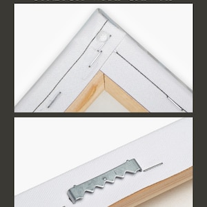 May include: A stretch wrap canvas featuring a wooden frame corner with white fabric pulled taut and secured by metal staples. The lower section displays a silver sawtooth hanger attached to the wooden frame, designed for wall mounting purposes.