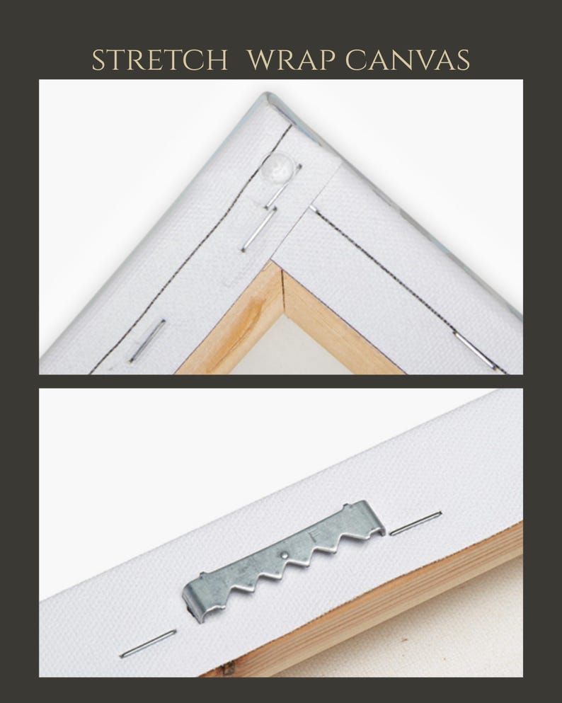 May include: A stretch wrap canvas featuring a wooden frame corner with white fabric pulled taut and secured by metal staples. The lower section displays a silver sawtooth hanger attached to the wooden frame, designed for wall mounting purposes.