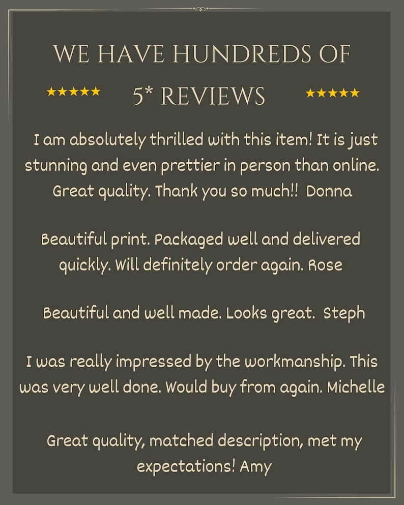 Puede incluir: Un gr&aacute;fico rectangular de color gris oscuro con el texto WE HAVE HUNDREDS OF 5* REVIEWS seguido de cinco testimonios de clientes de Donna, Rose, Steph, Michelle y Amy, elogiando la calidad, la mano de obra y el aspecto del art&iacute;culo.