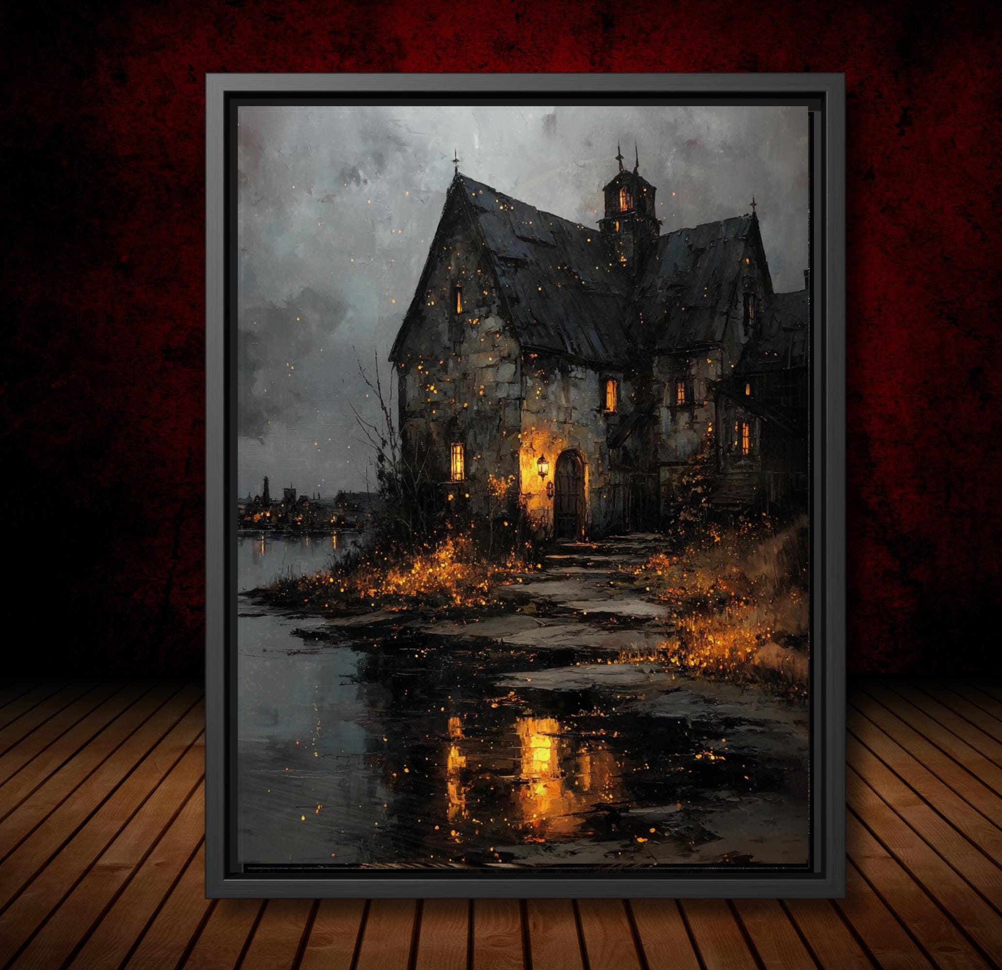 Gothic Lakeside Cottage Print Dark Fantasy Haunted House Wall Art, Candlelit Window Scene, Moody Autumn Illustration, Witchcore Home Decor