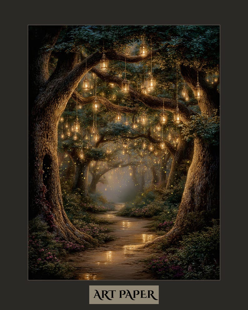 Enchanted Fairy Lanterns Woodland Trees Print, Glowing Forest Path ...