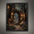Enchanted Fairy Portal Forest Print, Mystical Lanterns Woodland Painting, Vintage Fantasy Firefly Wall Art