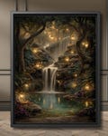 Fantasy Woodland Waterfall Print Enchanted Pond Painting Mystical Wall Art with Fireflies and Golden Lights, Magical Meditation Poster Decor